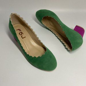 FSJ Green Suede Heels Chunky Heel Closed Toe Pumps